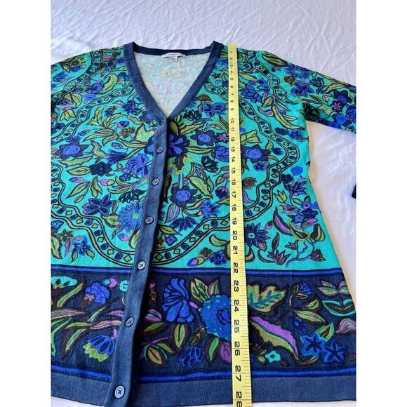 Isaac Mizrahi Sweater Button Up Longer Length Cardigan Floral Teal Blue SZ LG - Picture 5 of 6